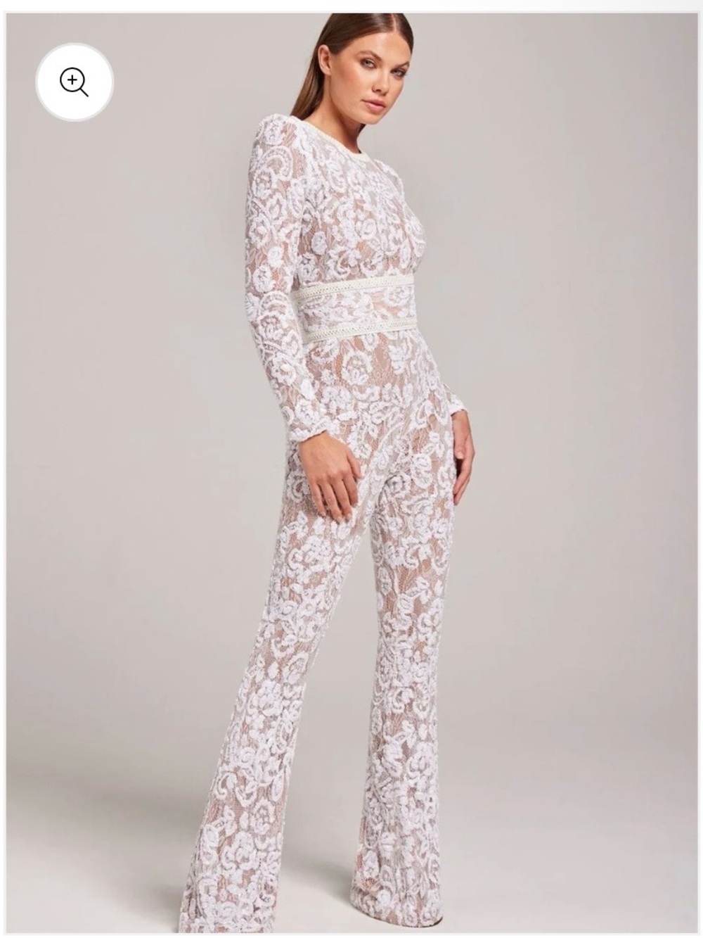 White Lace Long-Sleeve Flared Jumpsuit